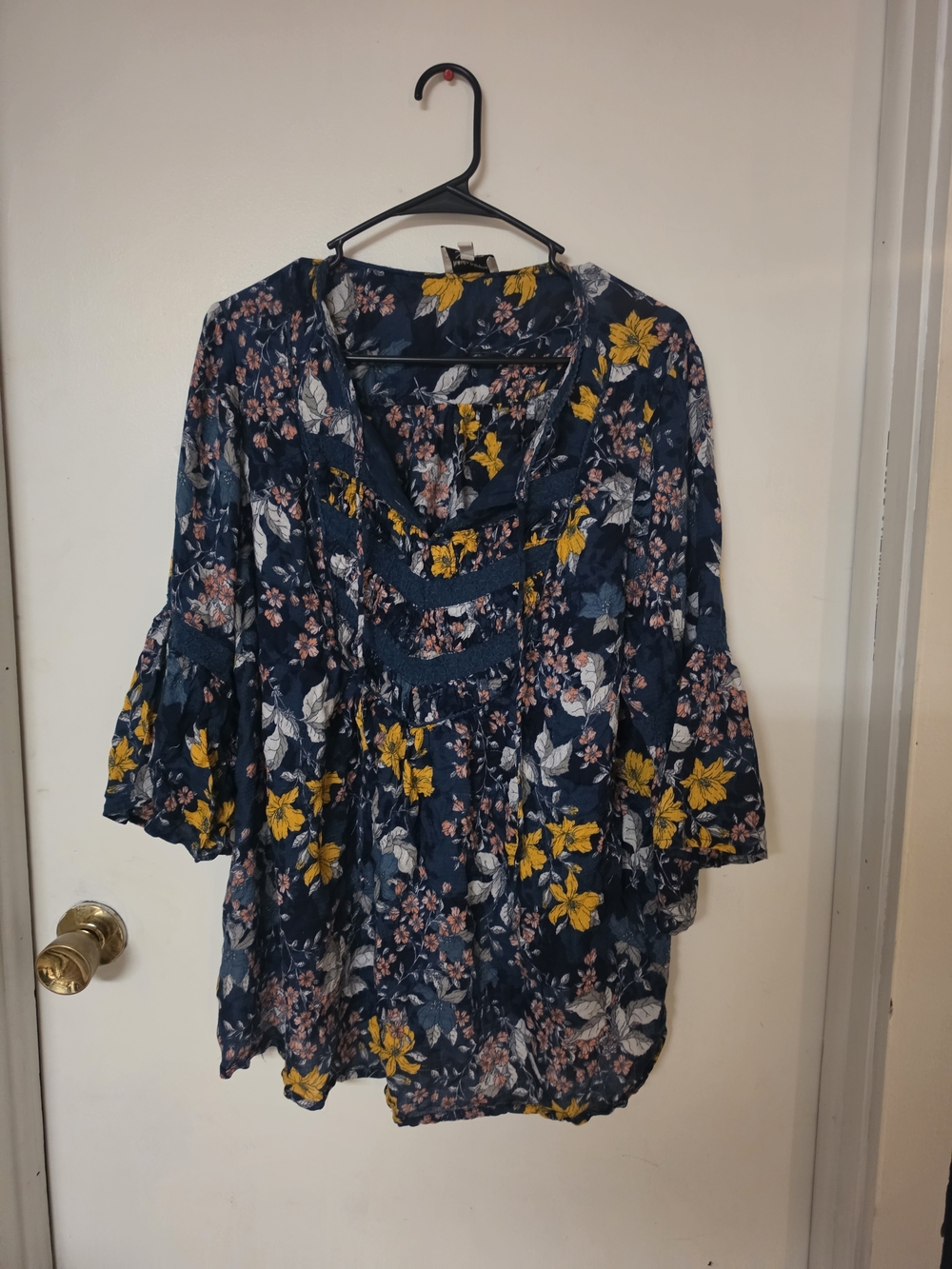 Floral Split-Neck Navy Peasant Blouse with Yellow Accents